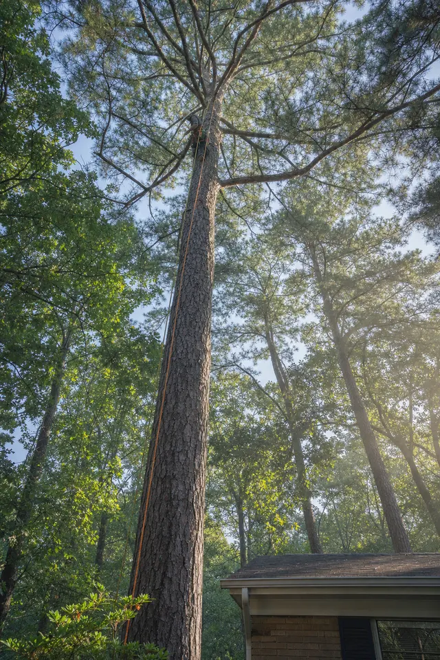 Climber on rope lines high in a tall loblolly pine above a brick ranch roof