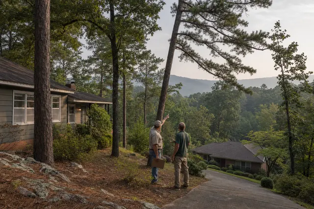 Estimator and homeowner looking up at a tall pine leaning toward a hillside house