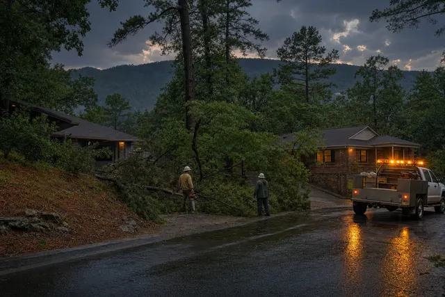 Crew assessing a storm-downed pine limb across a hillside driveway at dusk