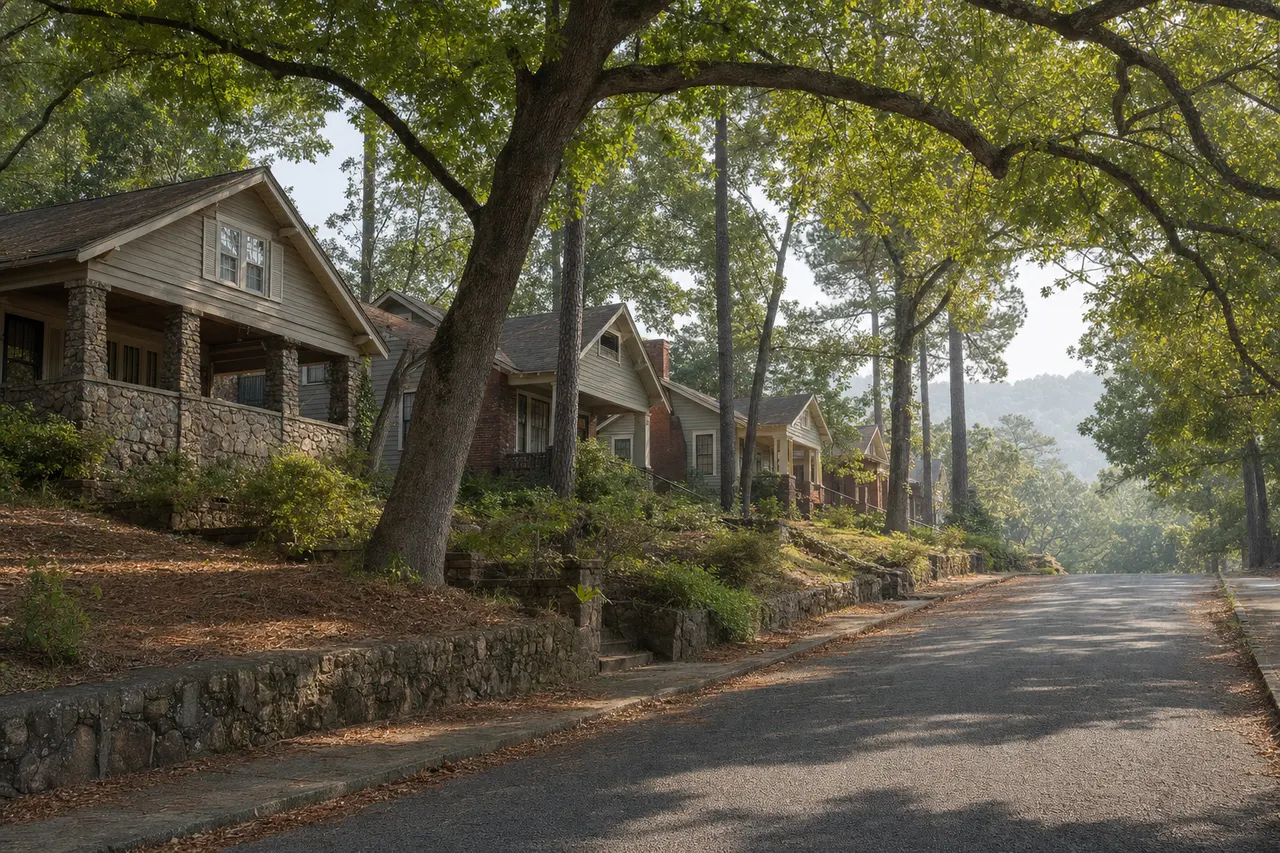 Stone-pier craftsman bungalows stepping up a hillside street under old white oaks and pines in Hot Springs
