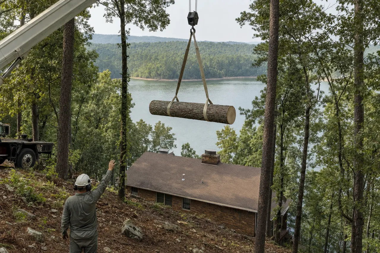 Pine trunk section lifted level on lifting slings by a crane above a brick lake house on Lake Hamilton