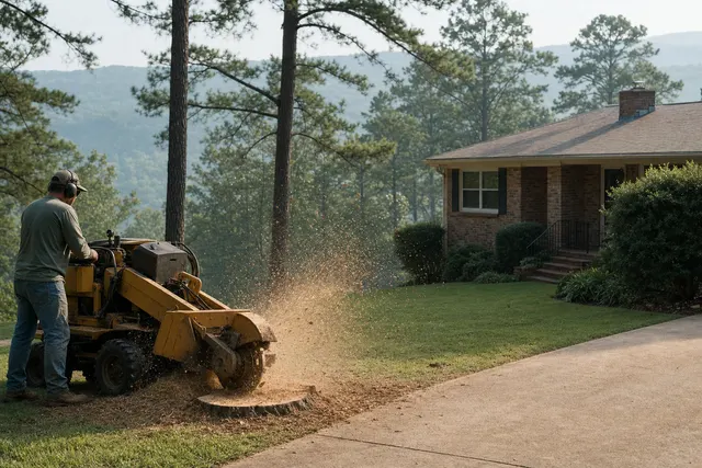 Stump grinder cutting a fresh pine stump beside a sloped driveway