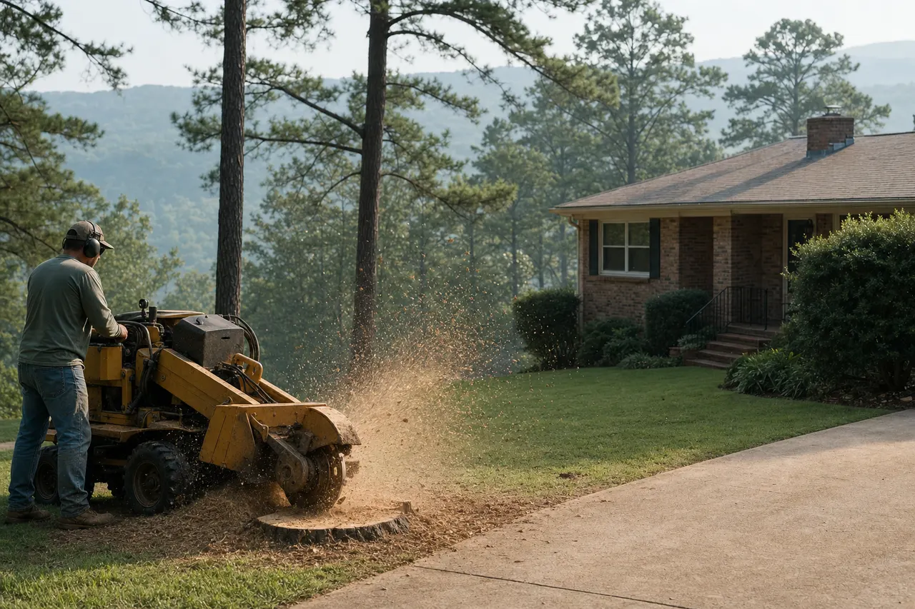 Stump grinder cutting a fresh pine stump beside a sloped driveway in Hot Springs