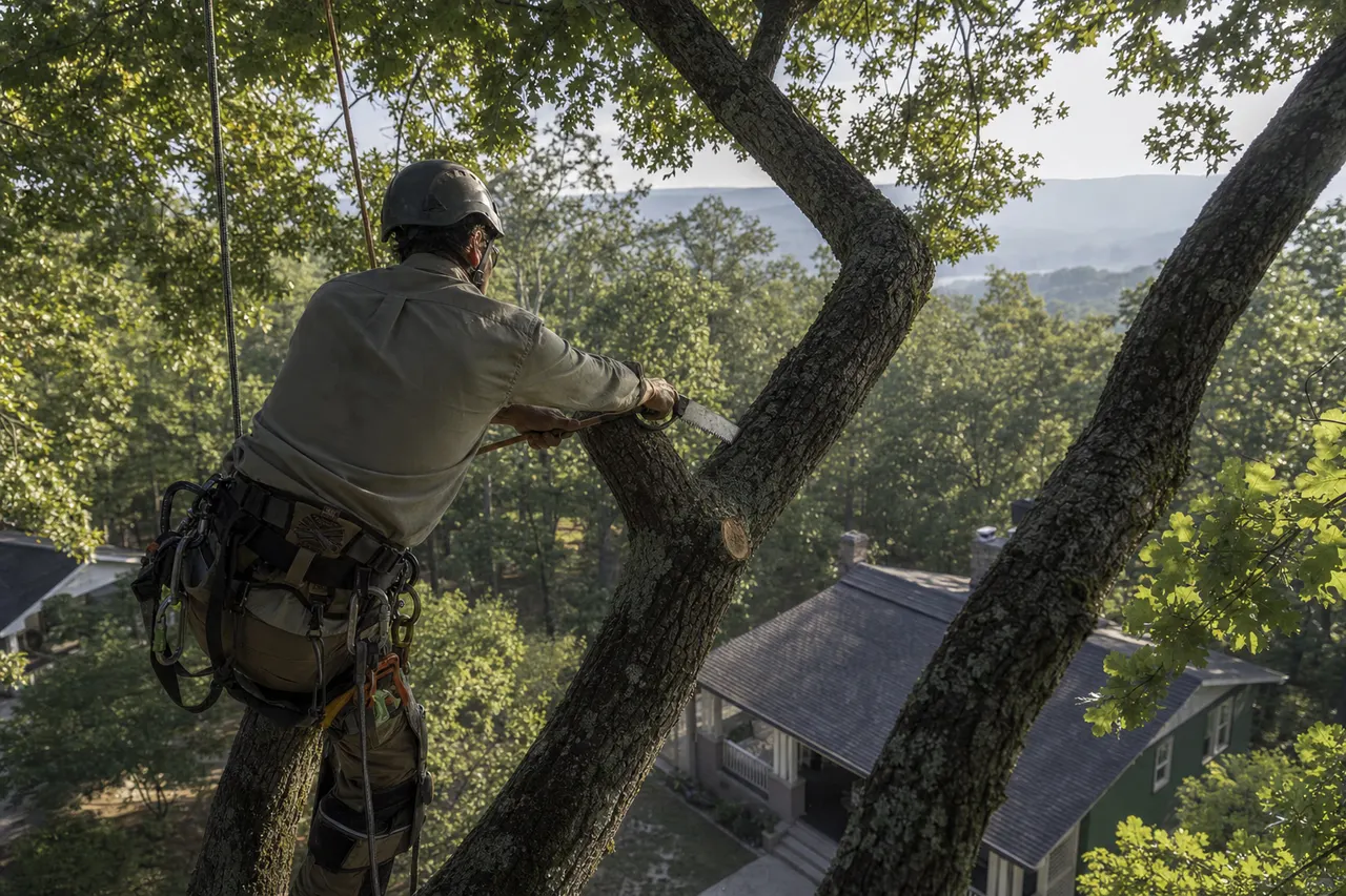Arborist in climbing harness making a pruning cut on a white oak limb above a Hot Springs bungalow